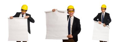 Beyaz üzerine çizimler yapan komik bir mimar.