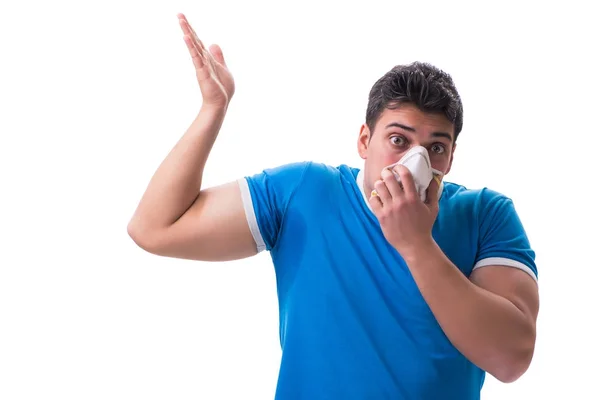 Człowiek pocący się nadmiernie pachnący źle odizolowany na białym tle — Zdjęcie stockowe