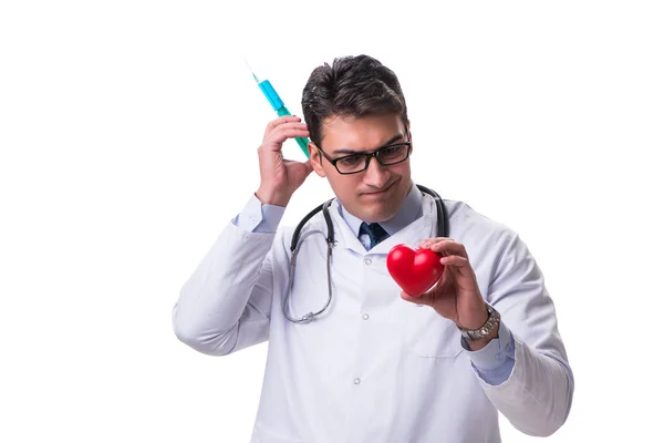 Jovem cardiologista masculino médico segurando um coração isolado em branco — Fotografia de Stock
