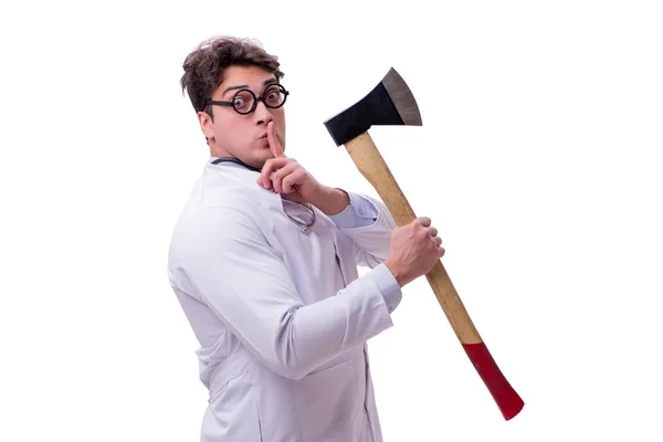 Funny doctor with axe isolated on white — Stock Photo, Image