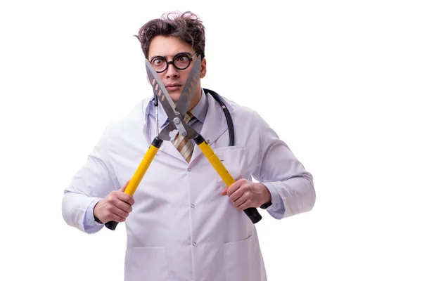 Zabawny lekarz z nożyce na białym tle — Zdjęcie stockowe