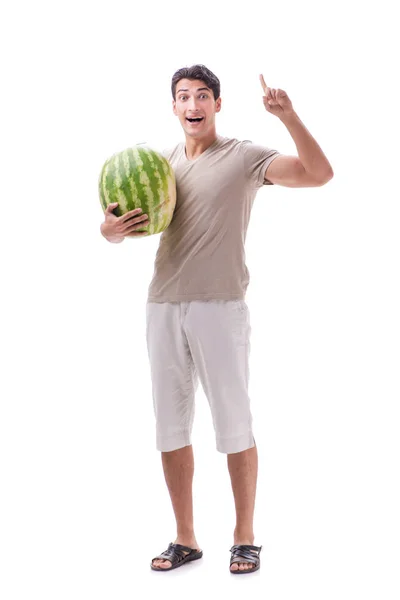 Junger Mann mit Wassermelone isoliert auf weiß — Stockfoto