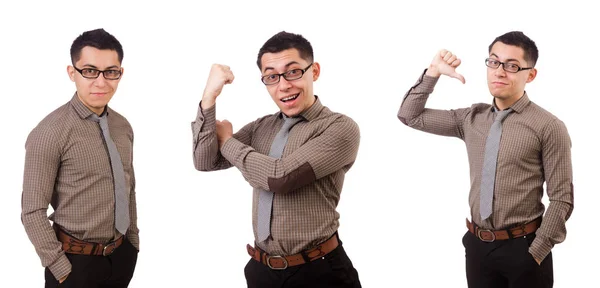 Hombre joven en camisa marrón aislado en blanco — Foto de Stock