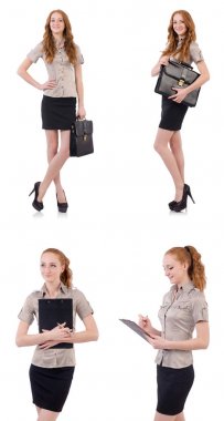 Genç ve güzel çalışan beyaz izole evrak çantası ile