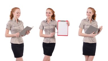 Kağıt üzerinde beyaz izole ile genç ve güzel çalışan