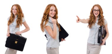 Genç ve güzel çalışan beyaz izole evrak çantası ile