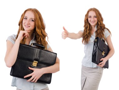 Genç ve güzel çalışan beyaz izole evrak çantası ile