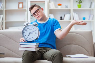 Sınavlara hazırlanan genç öğrenci kanepede ders çalışıyor.