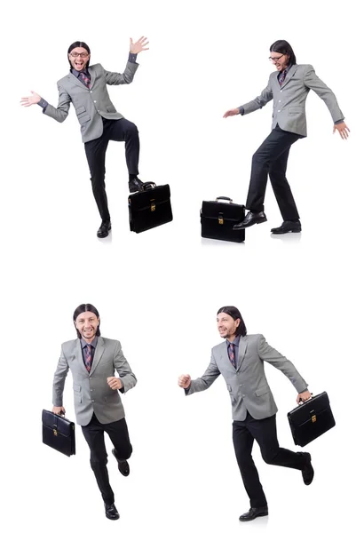 Jonge zakenman in grijs pak werkmap geïsoleerd op whi te houden — Stockfoto