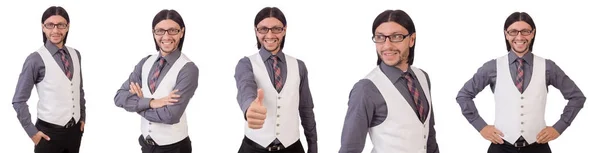 Hombre joven en camisa gris aislado en blanco — Foto de Stock