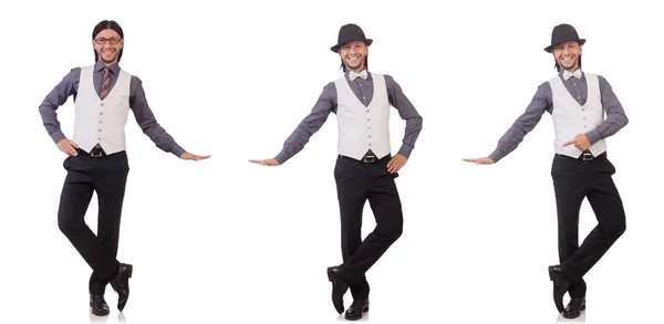 Hombre joven en camisa gris y sombrero negro aislado en blanco —  Fotos de Stock