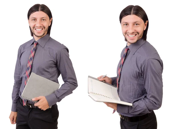 Jovem empresário com papel isolado em branco — Fotografia de Stock