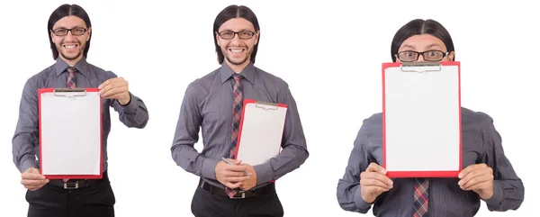 Jungunternehmer mit Papier auf Weiß isoliert — Stockfoto