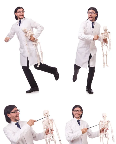 Divertente insegnante con scheletro isolato su bianco — Foto Stock
