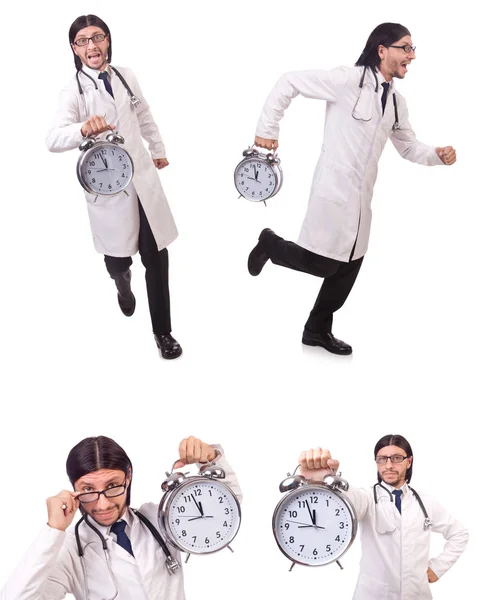 Чоловік лікар з годинником ізольований на білому — стокове фото