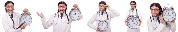 Man doctor with clock isolated on white — Stock Photo, Image