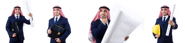 Arab engineer with drawings on white — Stock Photo, Image