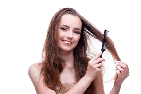 Frau in Schönheitskonzept kämmt Haare — Stockfoto