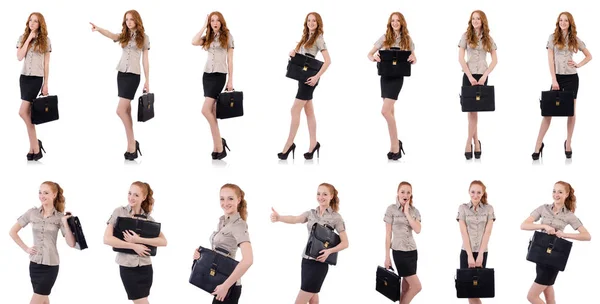 Hübsche junge Angestellte mit Aktentasche isoliert auf weiß — Stockfoto