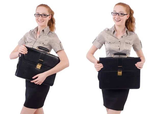 Pretty young employee with briefcase isolated on white — Stock Photo, Image