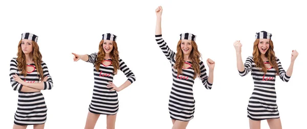 Chica bonita en uniforme de prisionero aislado en blanco — Foto de Stock