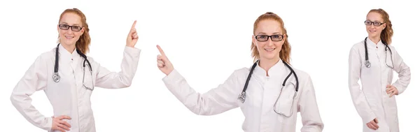 Szép női orvos elszigetelt fehér sztetoszkóp — Stock Fotó
