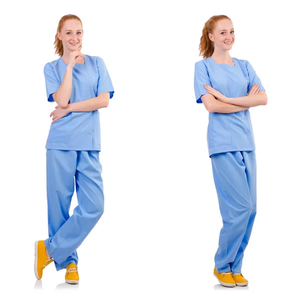 Bonito médico de uniforme azul isolado no branco — Fotografia de Stock