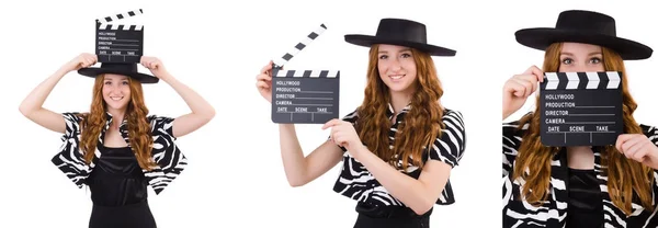 Ung kvinna med filmen FJÄLLPANEL isolerad på vit — Stockfoto