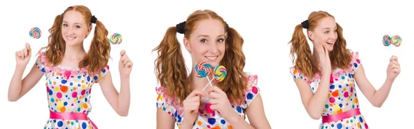 Redhead young girl with lolipops isolated on white — Stock Photo, Image