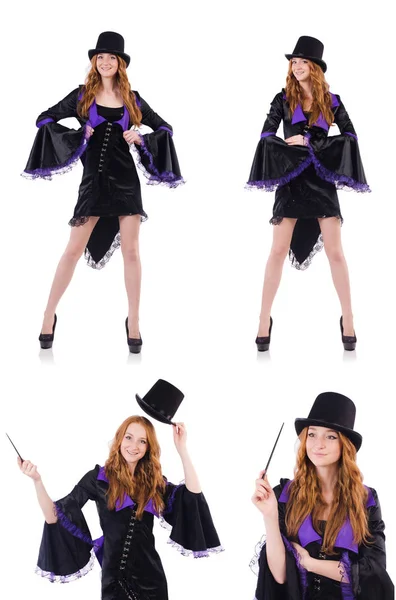 Chica bonita en ropa de carnaval púrpura y sombrero aislado en whit —  Fotos de Stock
