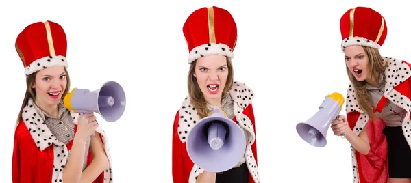 Koningin zakenman met luidspreker in grappig concept — Stockfoto