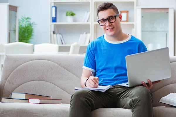 Sınavlara hazırlanan genç öğrenci kanepede ders çalışıyor.