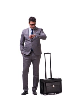 Beyaz izole iş seyahati sırasında genç adam