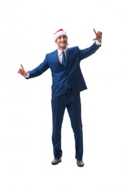 Genç busnessman Noel kavramı üzerinde beyaz Noel Baba şapkası giyiyor