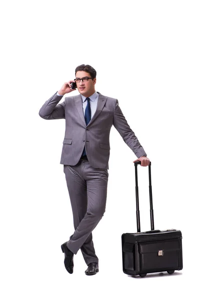 Fiatal férfi elszigetelt fehér üzleti utazás során — Stock Fotó