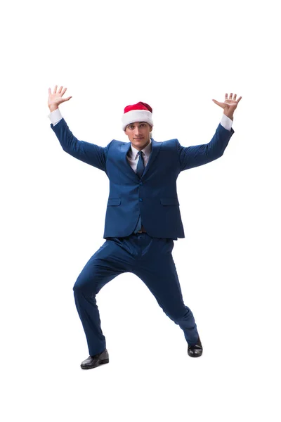 Joven hombre de negocios con sombrero de santa en el concepto de Navidad en blanco —  Fotos de Stock