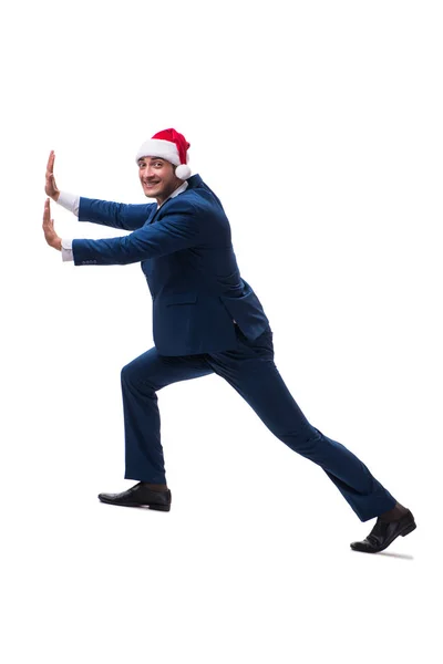 Joven hombre de negocios con sombrero de santa en el concepto de Navidad en blanco —  Fotos de Stock