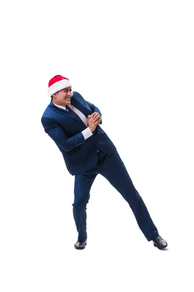 Ung skolelev bär santa hatt i jul koncept på vit — Stockfoto