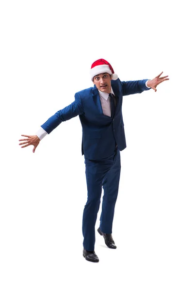 Junger Geschäftsmann mit Weihnachtsmütze im Weihnachtskonzept auf weißem Grund — Stockfoto