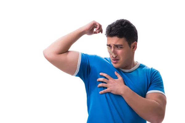 Man sweating excessively smelling bad isolated on white backgrou — Stock Photo, Image