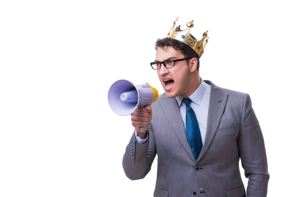 Král podnikatel s megafon izolovaných na bílém pozadí — Stock fotografie