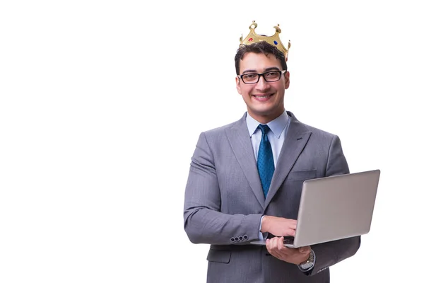 Rey empresario sosteniendo un ordenador portátil aislado sobre fondo blanco —  Fotos de Stock