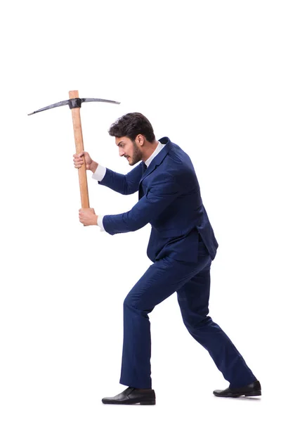 Jovem empresário com machado isolado em branco — Fotografia de Stock