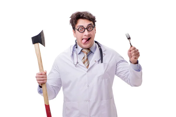 Médico divertido con hacha aislada en blanco —  Fotos de Stock