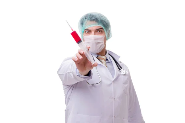 Funny doctor with syringe isolated on white — Stock Photo, Image