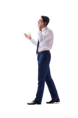 İşadamı yürüme ayakta yan görüntülemek izole üzerinde beyaz backgro