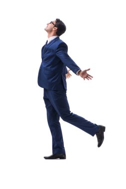 İşadamı yürüme ayakta yan görüntülemek izole üzerinde beyaz backgro