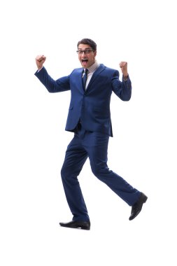 İşadamı yürüme ayakta yan görüntülemek izole üzerinde beyaz backgro