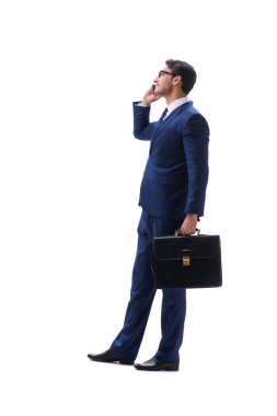 İşadamı yürüme ayakta yan görüntülemek izole üzerinde beyaz backgro