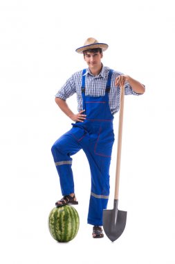 Beyaz izole karpuz ile genç çiftçi